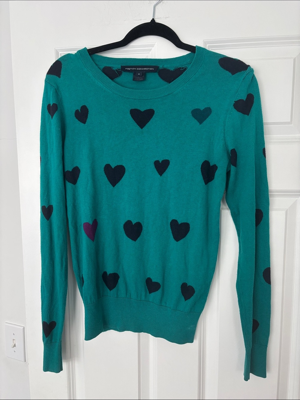French Connection teal heart sweater size small ASO Teen Wolf Allison Argent